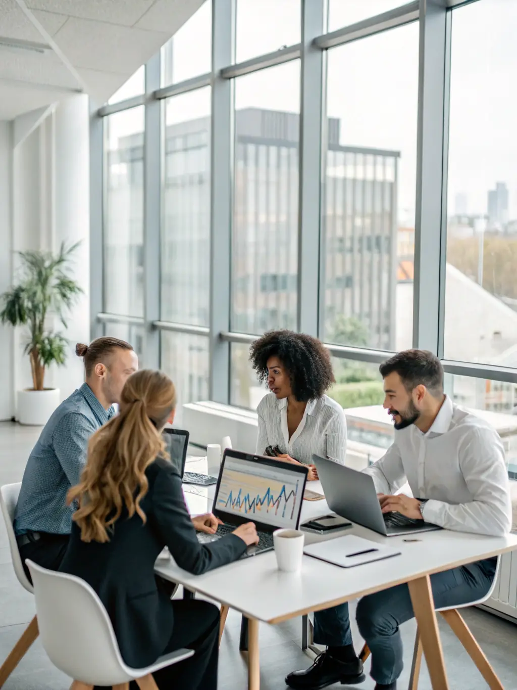 A professional photograph of a diverse team collaborating in a modern office setting, analyzing financial data on multiple screens, symbolizing improved teamwork and efficiency through My-contact.one.
